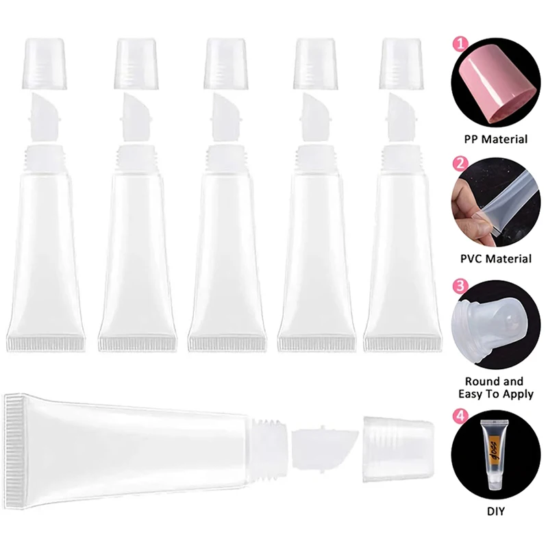 หลอดลิปสติกเปล่าแบบนิ่ม 10 ชิ้น ขนาด 8 มล. / 10 ซม. / 15 มล. สำหรับใส่ลิปบาล์ม ลิปกลอส แบบบีบได้ ใส