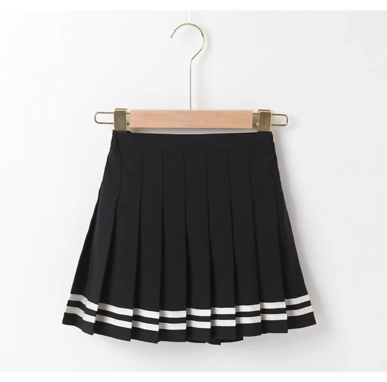 Damen Hochgeschnittener Plissierter Minirock A-Linie Gestreifter Saum Preppy-Stil Sommer Tennis JK Uniform – Detail 9
