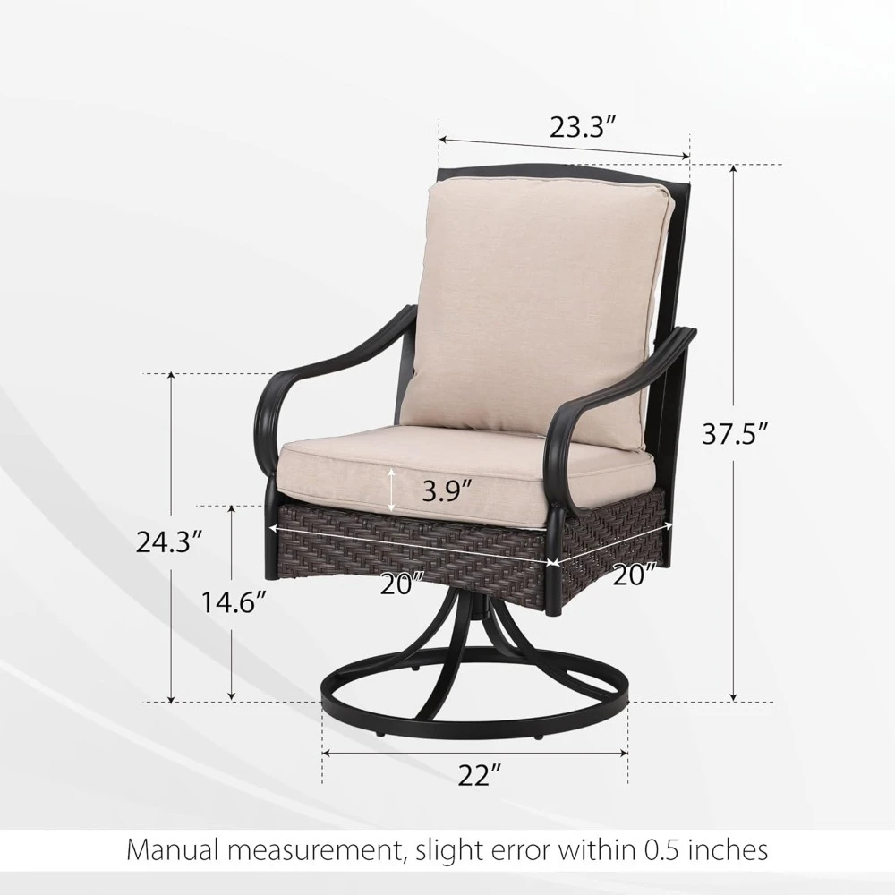 مجموعة كراسي دوارة للفناء مكونة من 4 قطع، كرسي طعام معدني عالي التحمل للاستخدام الداخلي والخارجي مع وسائد سميكة، كبير الحجم بالكامل