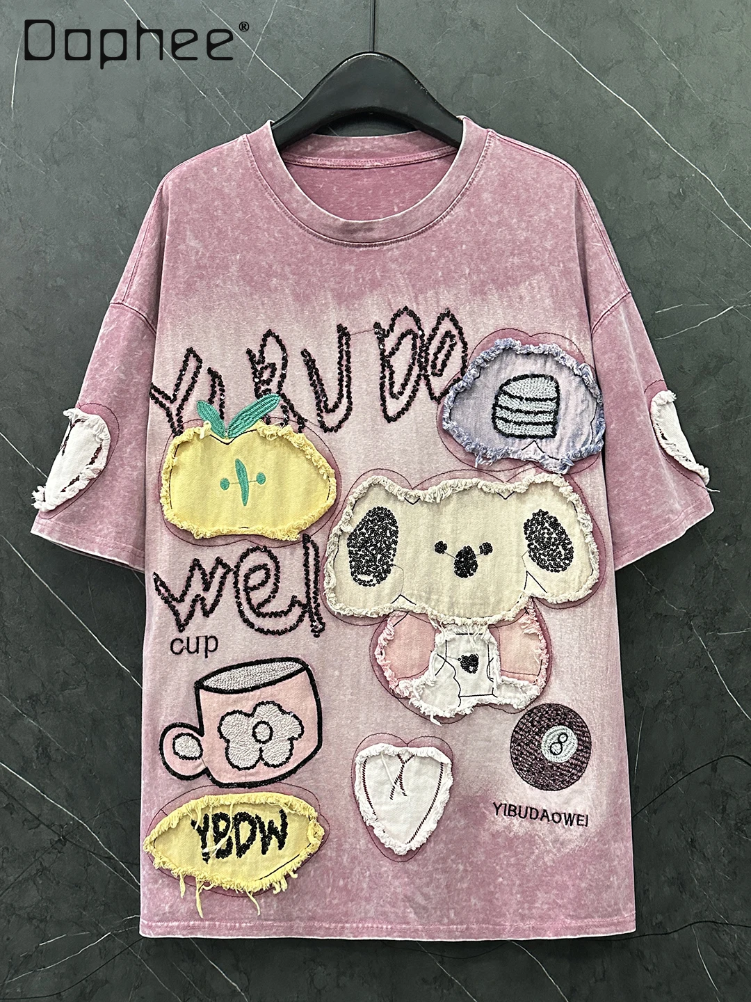 

Autumn New Round Neck Tee Heavy Industry Cartoon Koala Patch Embroidery Short Sleeve T-Shirt Women Loose Casual Mid-Length Top
