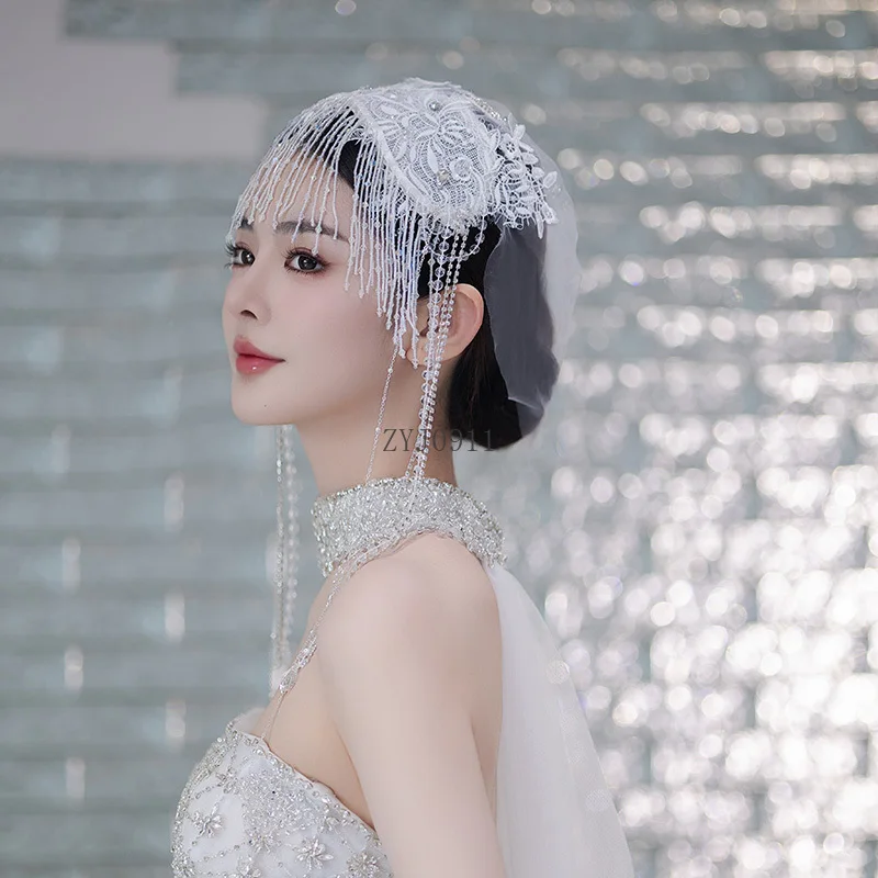 ブライダルヘッドドレスフレンチレースメッシュフリンジヘッドバンド帽子シンプルなウェディングドレスアクセサリー