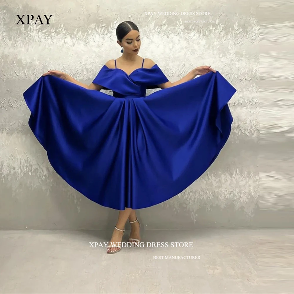 

XPAY Blue Tea Length Prom Party Dresses Spaghetti Straps Off the Shoulder Satin Arabic Women Cocktail Dress Formal Evening Gowns