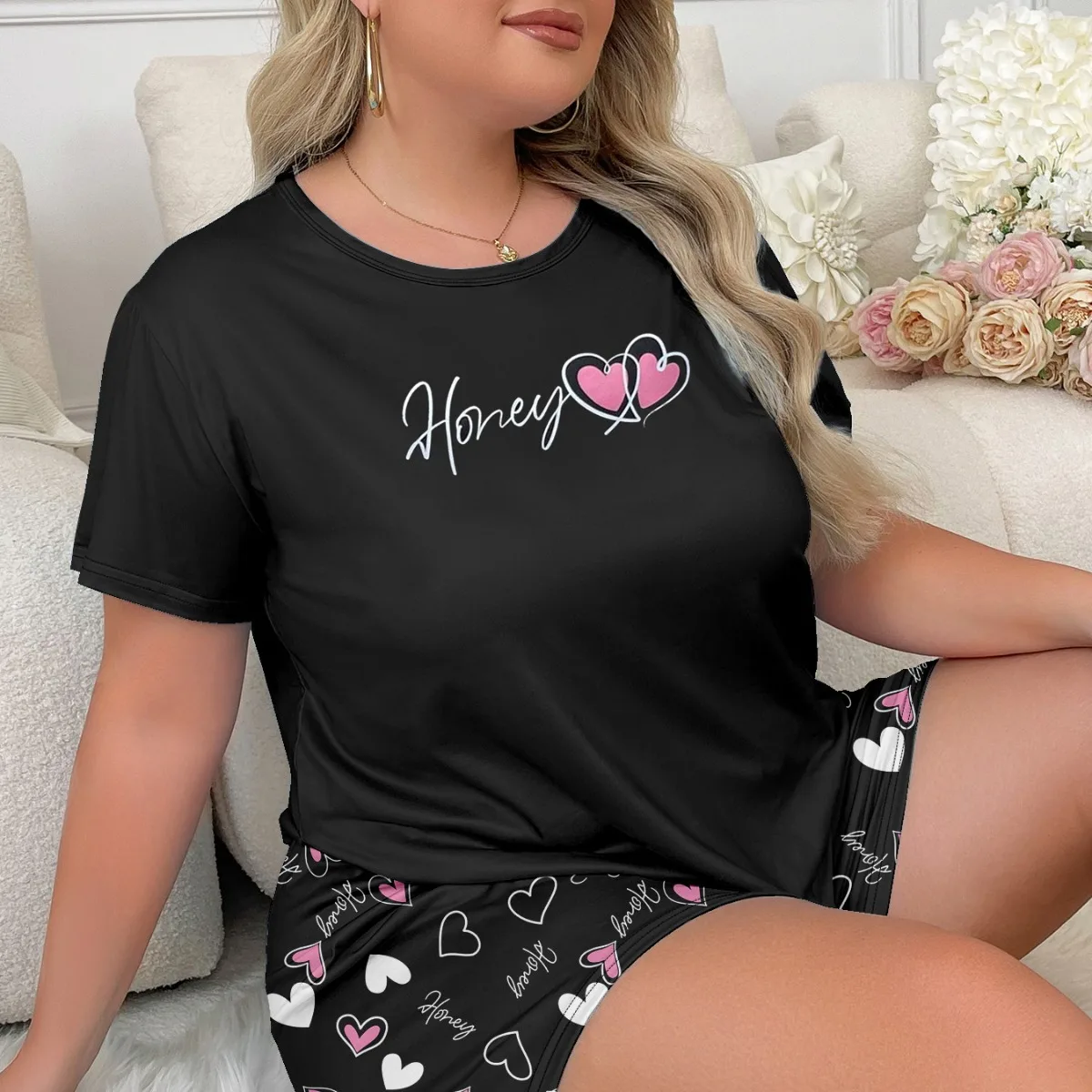 Европа и США, трансграничные новые пижамы с принтом «любовь», удобная повседневная одежда для дома, короткие футболки, комплект из двух предметов
