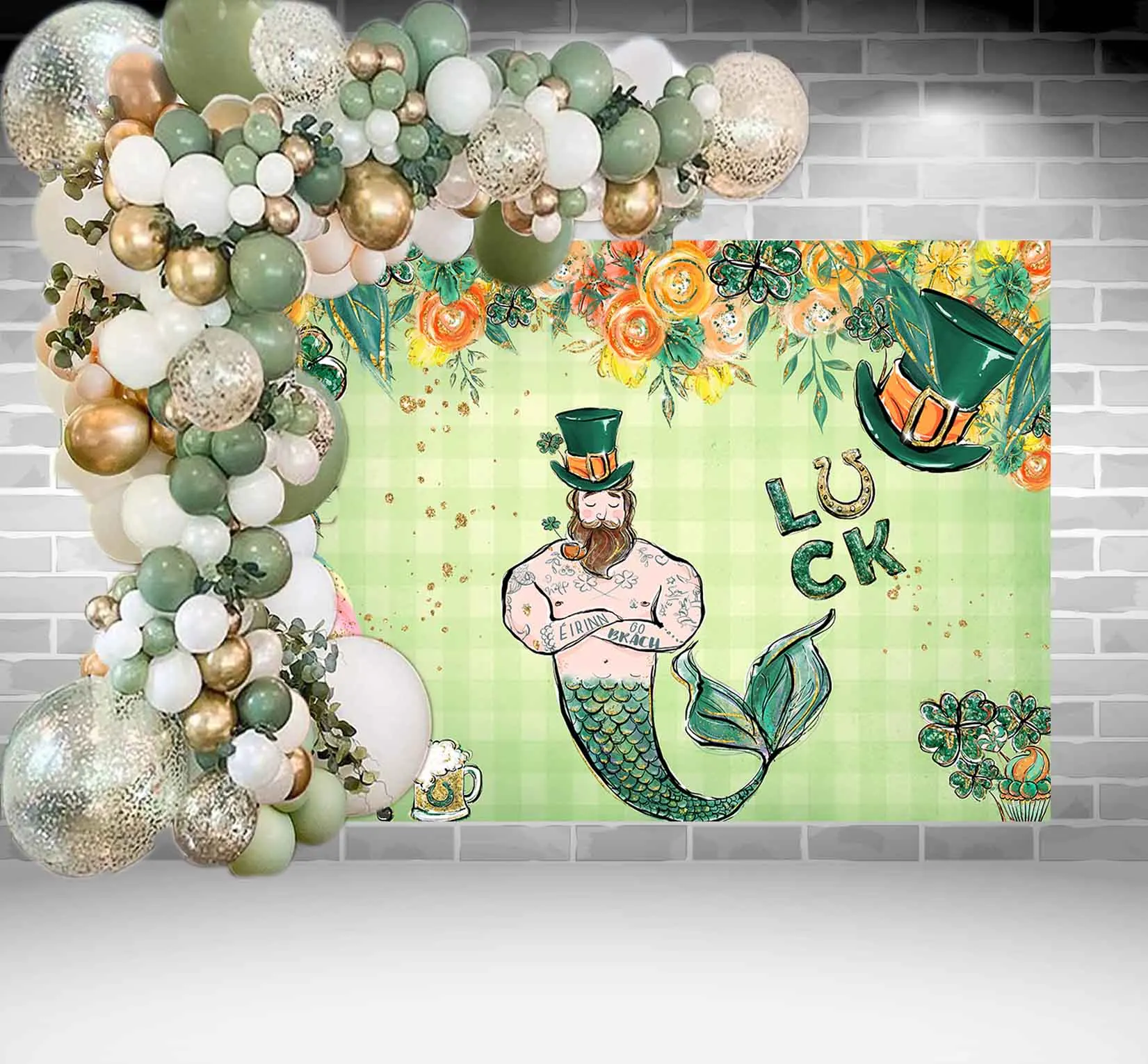 St. Patrick's Day Theme Party Backdrop Girl Boy Floral Green Shamrock Unicorn merman mermaid Top Hat Luck of Irish Background