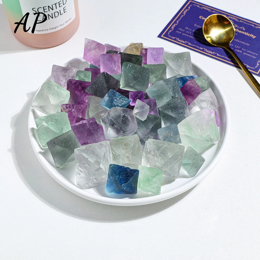 100g/bag Natural Crystal Rainbow Fluorite Octahedron Crafts Healing Stone Fluorite Gem Mineral Specimen Home Decoration Gift