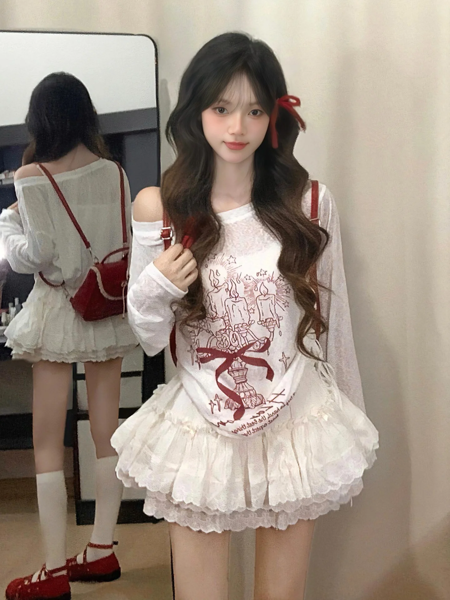 

Корейский модный комплект из двух предметов: укороченная юбка и пышная футболка с длинным рукавом для защиты от солнца, повседневный весенний стиль