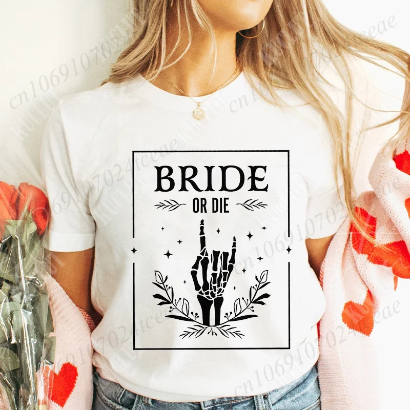 Bride or Die Skeleton Finger Graphic Y2k Tops Til Death Do Us Party T-shirt Women Bachelorette Hen Party Tees Team Bride Shirts