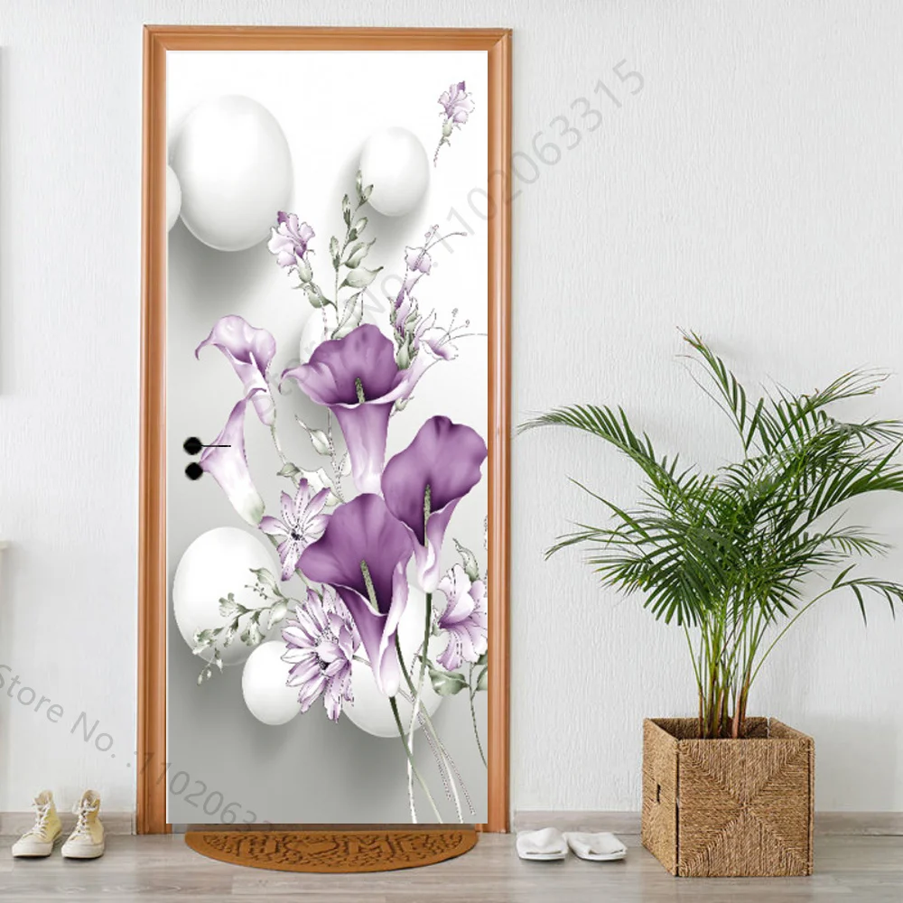 3D Door Sticker Wallpaper Self-adhesive Purple Flowers Landscape Door Decal Mural for Bedroom Bathroom Vinyl Poster Home Decor