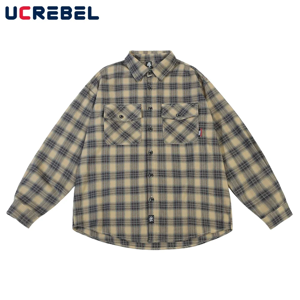 Curved Hem Loose Plaid Shirt Mens Safari Style Casual Long Sleeve Pocket Shirts Men Autumn