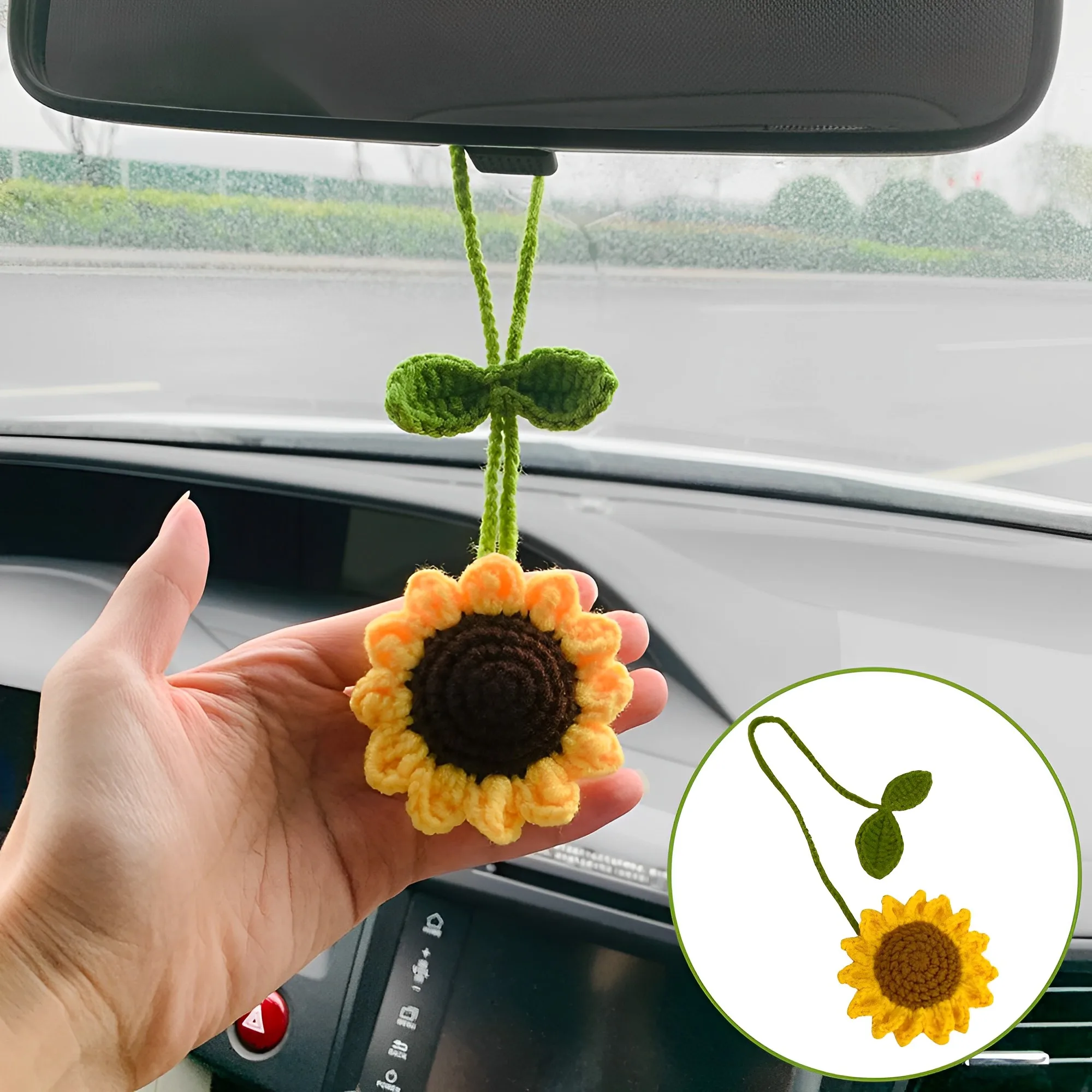 Ręcznie robione lusterko samochodowe Sunflower Akcesoria do zawieszania dla kobiet Stylizacja samochodu Ozdoba samochodowa Lusterko wsteczne Akcesoria do zawieszania