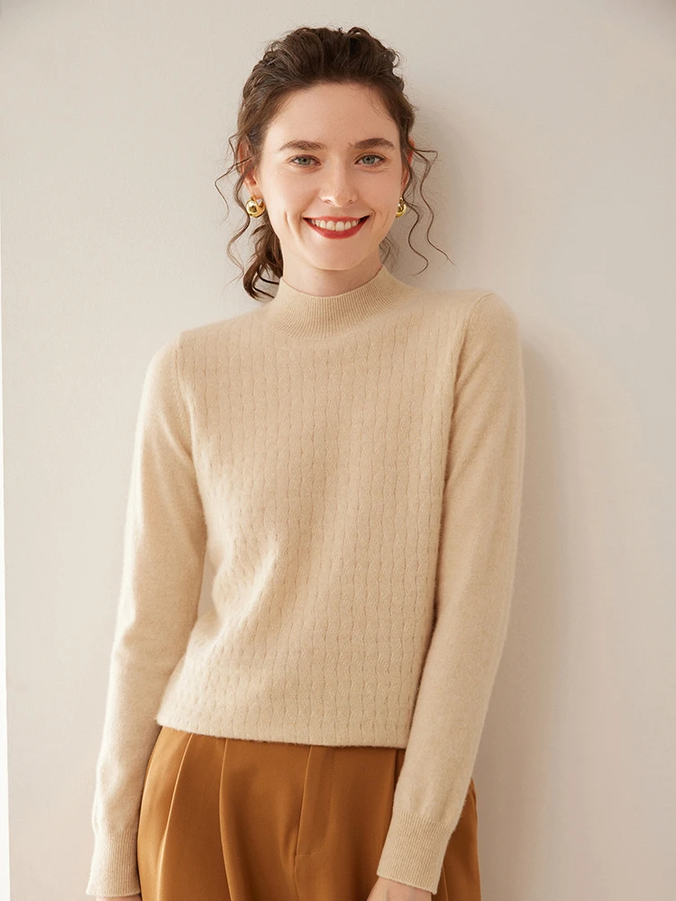 2024 Basic Cashmere Knitted Sweater Women's Mock-Neck Pullovers Spring Autumn Winer 100% Goat Cashmere Fashion Classic Tops