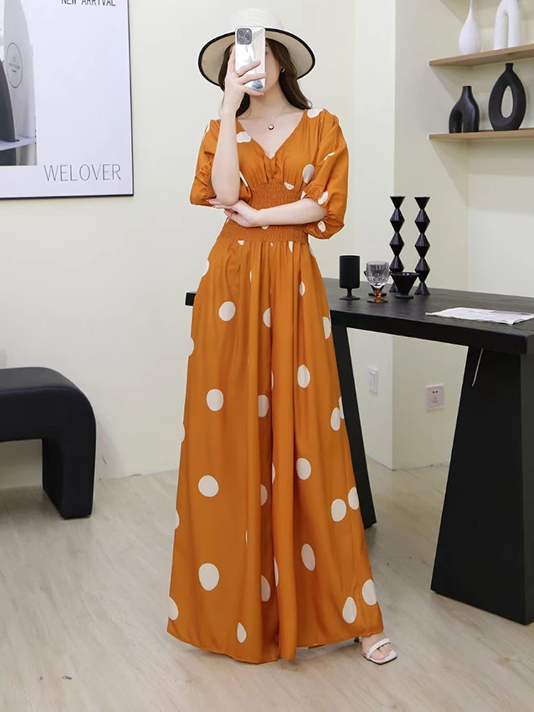 

Wave print V-neck short sleeved jumpsuit elastic waistband high waist vintage fashion beach vacation wide leg jumpsuit
