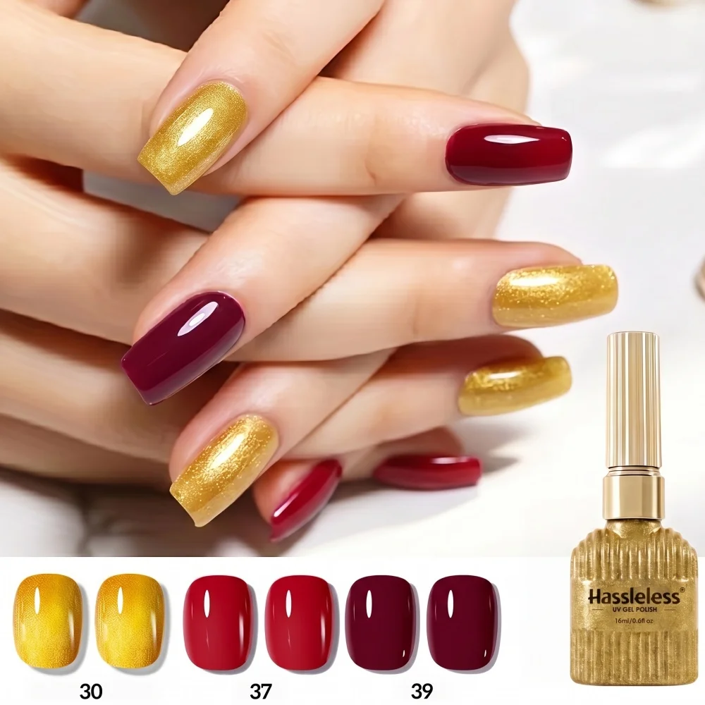 Hassleless Gold+Red Nail Polish Gel Set 3Pcs, Red Wine Gold Nail Polish Gel Set, Classic Holiday Nail Color Set, Christmas Nail Art