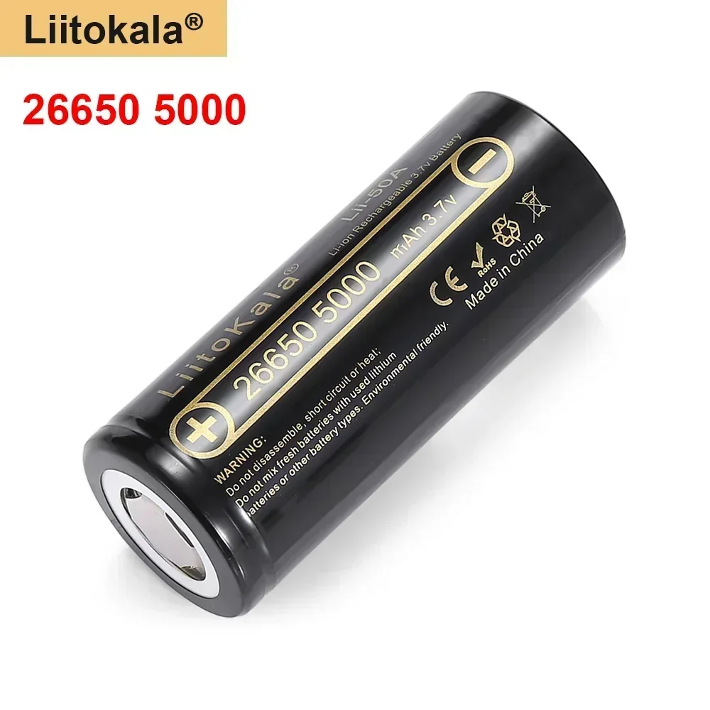 LiitoKala 26650 3.7V 5000mAh Battery, 50A High Discharge, 100% Real Capacity, Rechargeable Li-ion Strong Flashlight, Power Bank