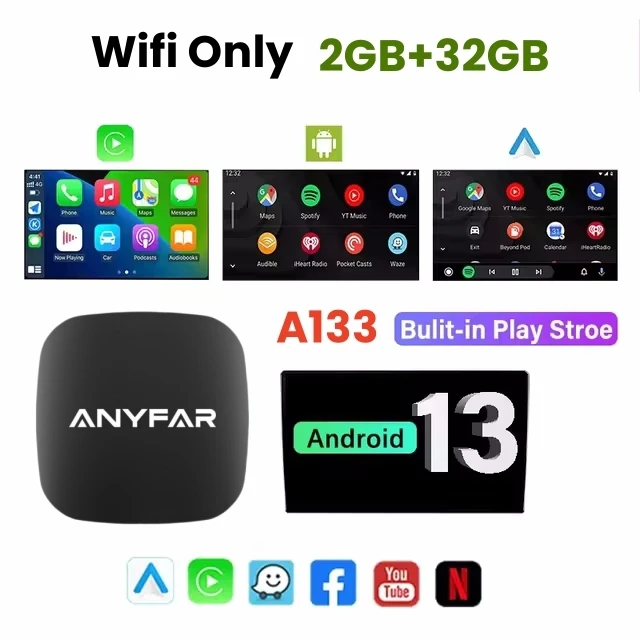 2025 ANYFAR Android 13 3 in 1 CarPlay Ai Box Draadloze Android Auto USB Adapter 2G 32G voor Youtube Netflix Automatische Verbinding - afbeelding 1