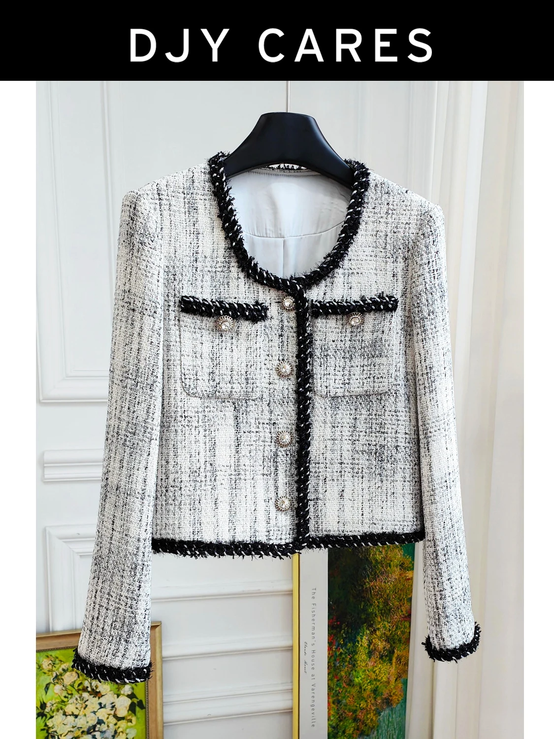 

New Bold tweed fashionable heart collar elegant gray coat versatile top big size