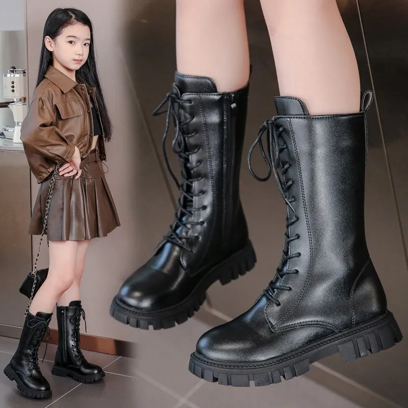 

Kids Mid-calf Chunky Boots Classical Vintage Girls Martens Princess Children Spring Winter Platform Long Booties Black Size27-37