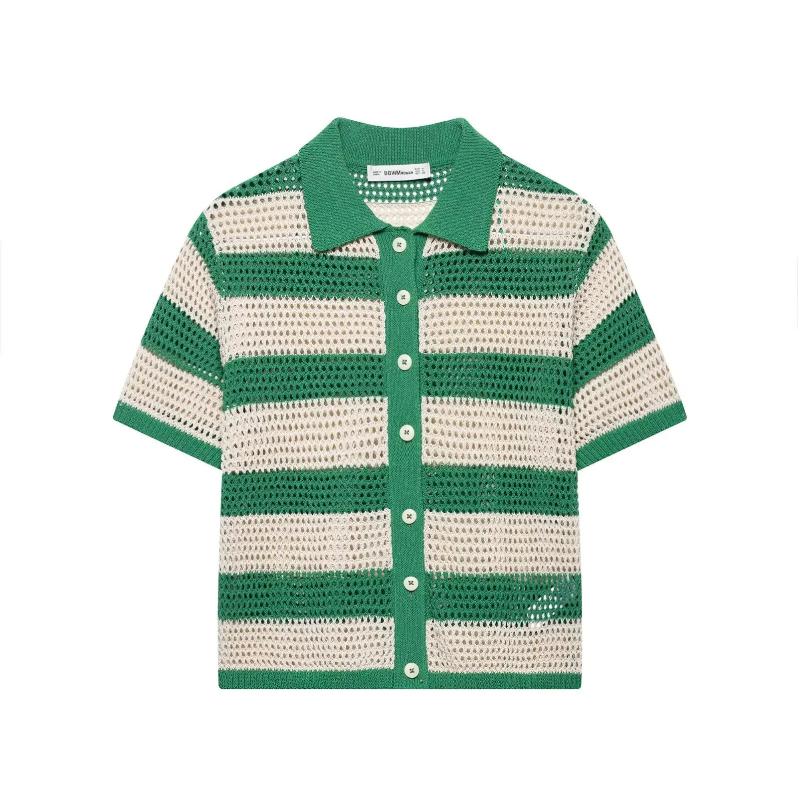 

Chic Crochet Short Sleeved Top Striped Knitted Hollow Out Cardigans Women Single Breasted Loose Polo-Neck Tops