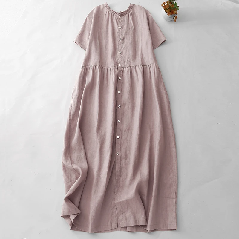 

Women Single Breasted Japanese Style Cotton Linen Dress Summer Solid Short Sleeve Breathable Casual Loose Long Robe X1462