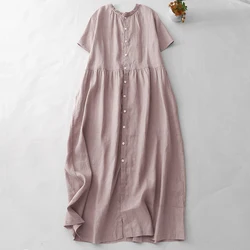 Women Single Breasted Japanese Style Cotton Linen Dress Summer Solid Short Sleeve Breathable Casual Loose Long Robe X1462