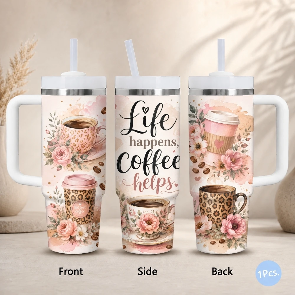Leopard Coffee Floral Letter Vacuum Flasks 40oz Stainless Steel Insulated Tumbler with Handle Straw Lid Leakproof Travel Mug