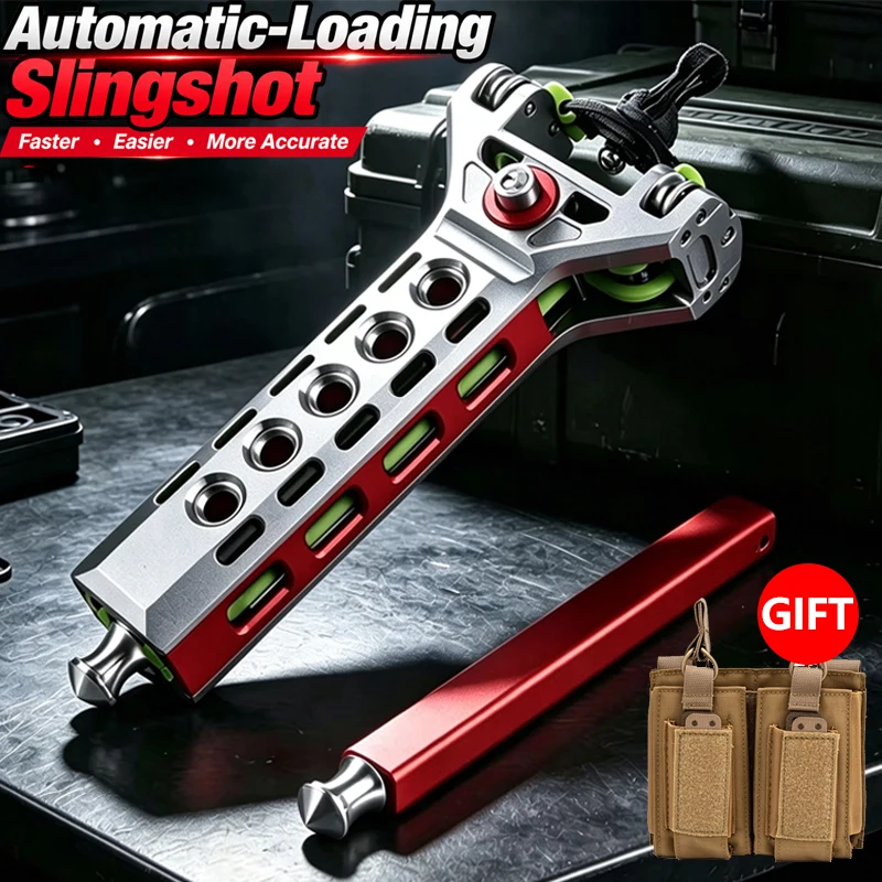 Automatische Schleuder aus Aluminiumlegierung, Outdoor-Jagdschleuder mit Magazin und Gummibändern, Zubehör