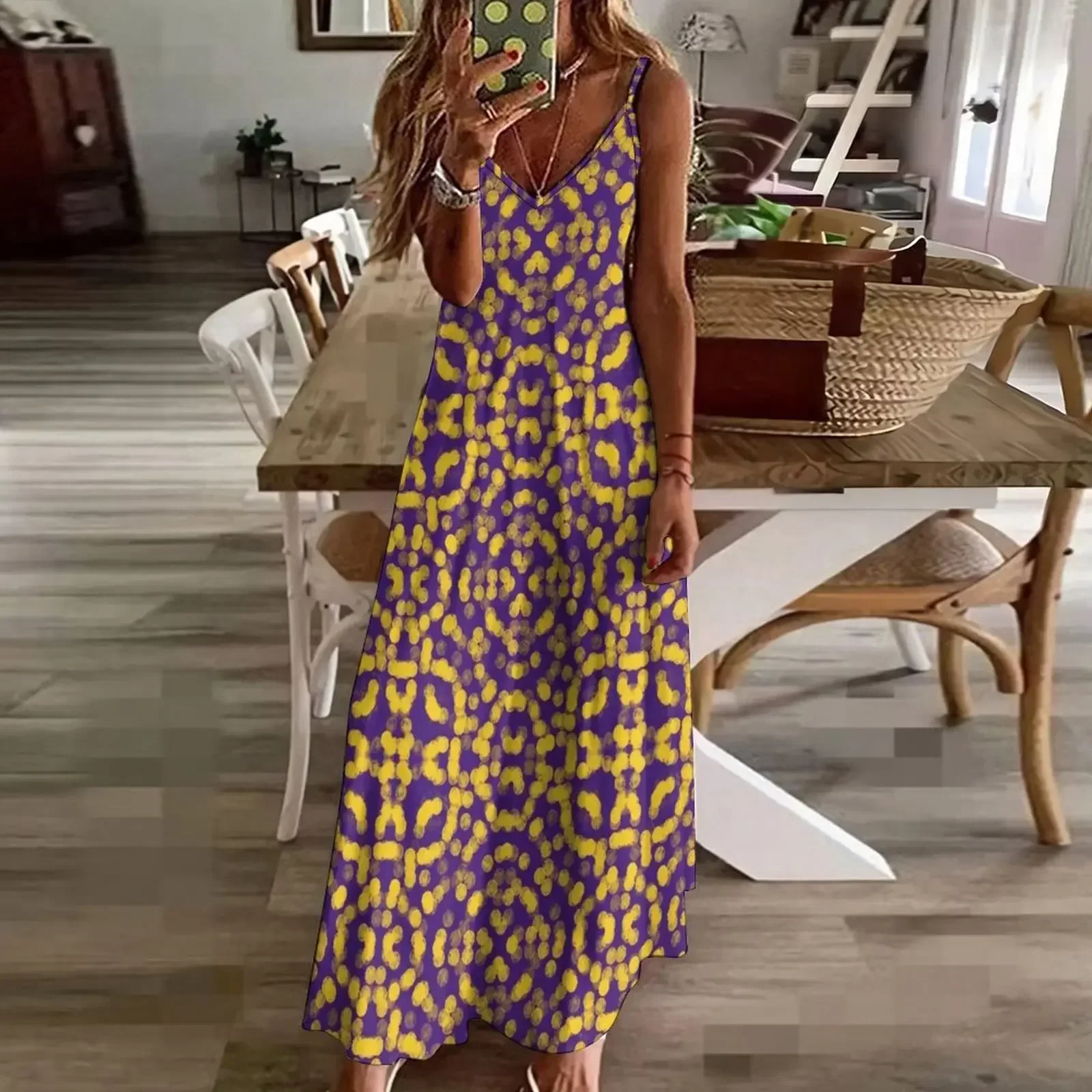 Artsy roxo e ouro amarelo jogo dayPattern vestido sem mangas vestidos casuais vestido longo feminino vestido de verão