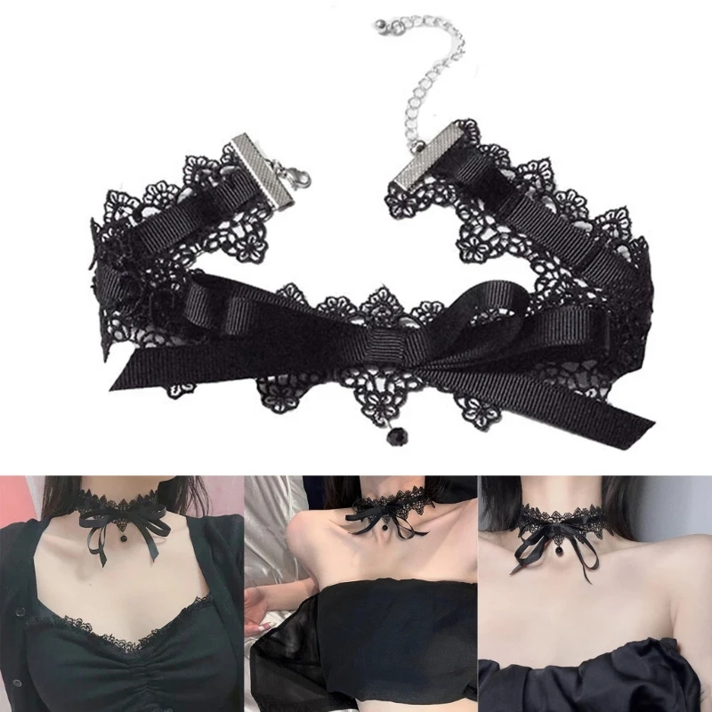 Sexy Black Lace Ribbon Collar Necklace Vintage Bowkot Choker Short Chain Necklace Gothic Jewelry Women Clavicle Chain Necklace