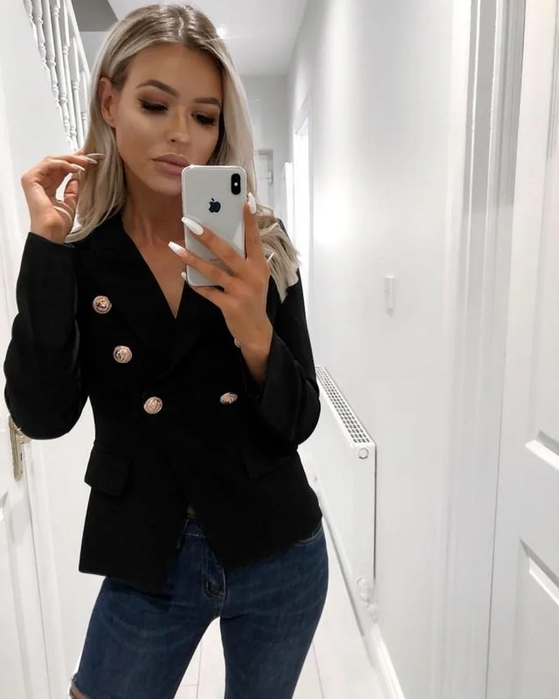 

Slim Blazer Women Solid Colors Double Breasted Casual Office Blazer with Fake Pocket 2023 Plus Size Work Wear Formal Clothing