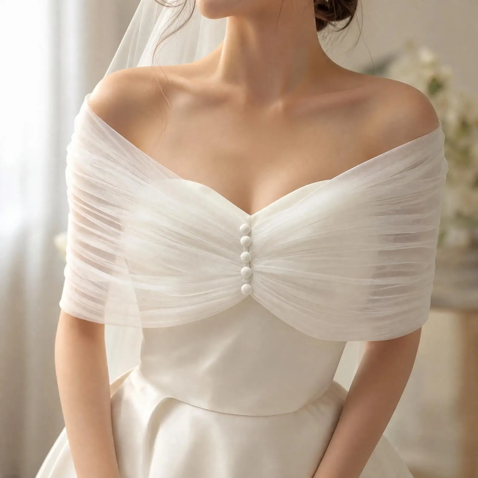 Women Wedding Shawl Elegant White Bridal Wrap for Shoulders Ruched Mesh Design for Ceremony Photo