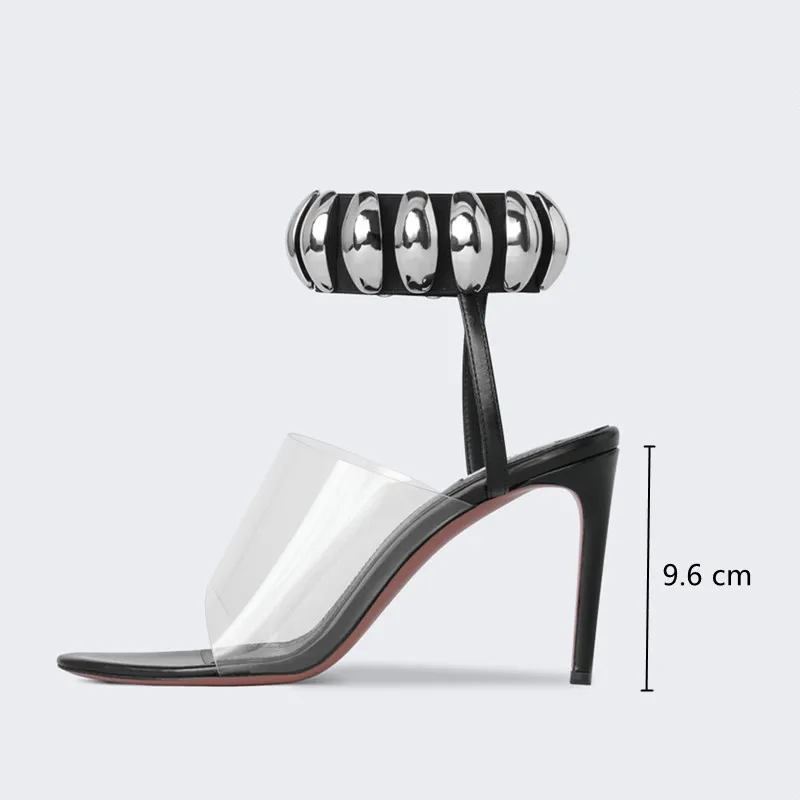 Letnie nowe modne przezroczyste sandały damskie z PVC z cekinami bransoletka na kostkę szpilki Stiletto gladiatorki Sandalias buty