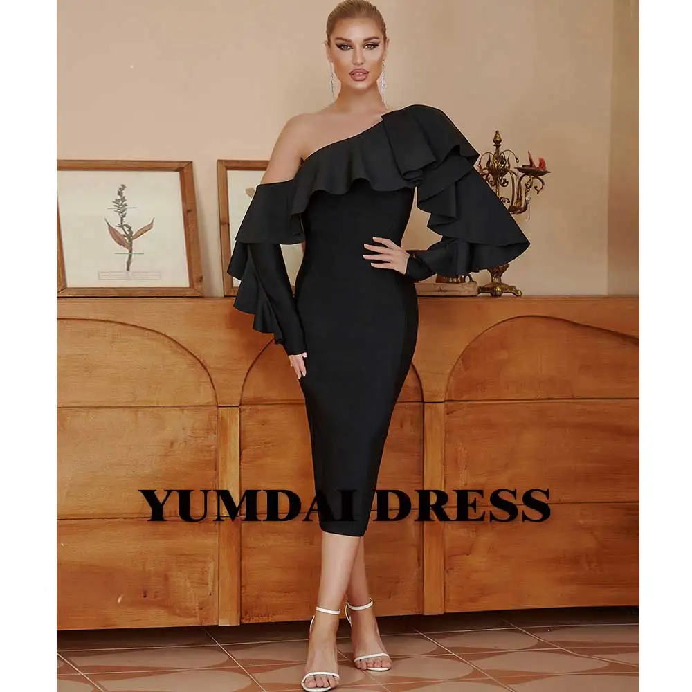 YUMDI-vestido de baile negro, prenda Sexy a la cadera, vestido de cóctel de manga larga con Peplum asimétrico, vestido Midi de satén brillante, 2023