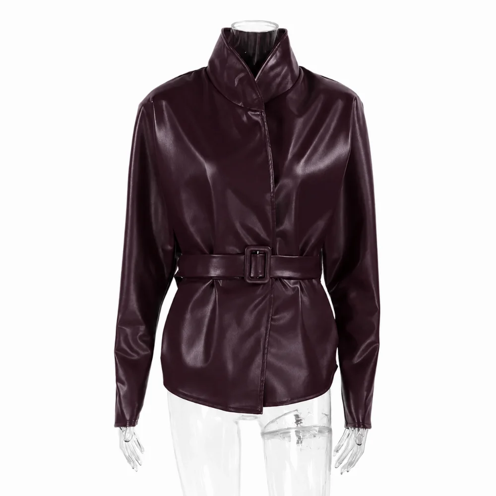 Vintage Leather Jacket Garment Tie Waist Frame Mid Length Cut Women Fashion Top Cool Street Style Stand Collar Waist Tie Outfit