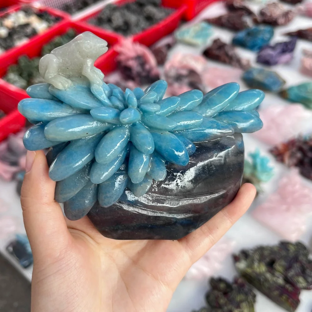 Natural Trolleite Quartz Succulent Flower Pot Frog Carving Crystal Figurine Healing Stone Desktop Ornament Home Decoration