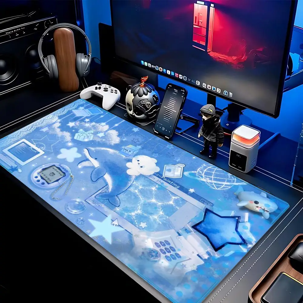Kawaii Cute Cat Dolphin XXL Gaming Mouse Pad Non-Slip Rubber Overlocked Deskmat Pastel Space Star Bow Keyboard Game Table Mats