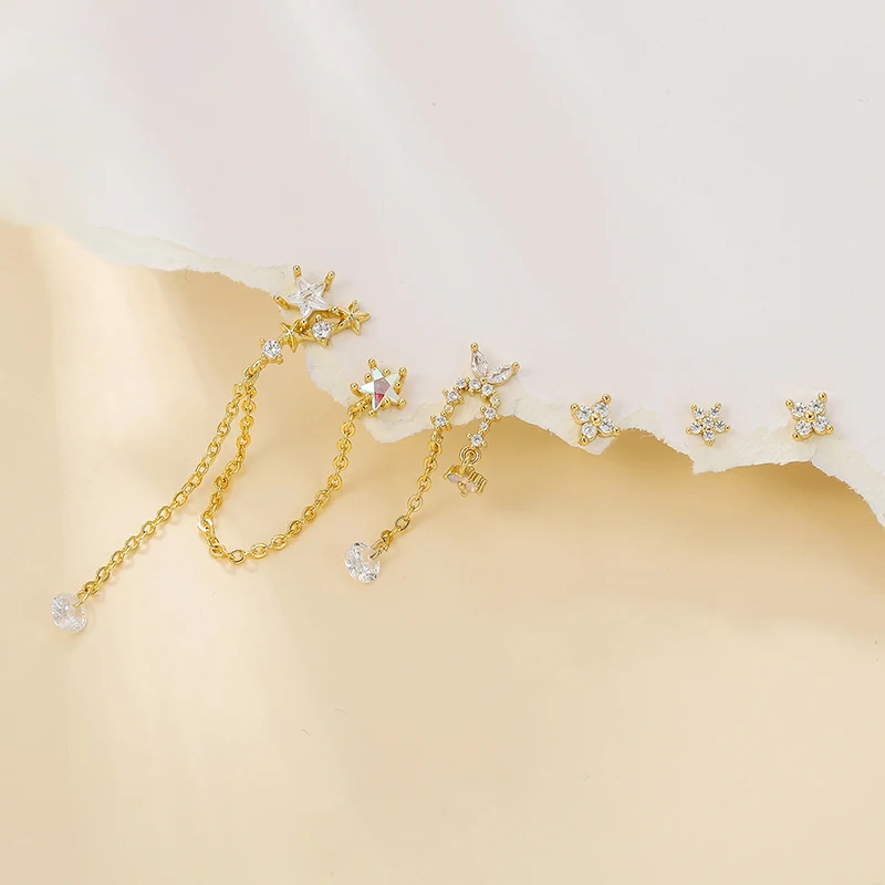 5 قطعة فاخرة مطلية بالذهب ستار سلسلة استرخى أقراط للنساء تشيكوسلوفاكيا زركونيا ثقب وأقراط امرأة مجوهرات الأزياء بالجملة