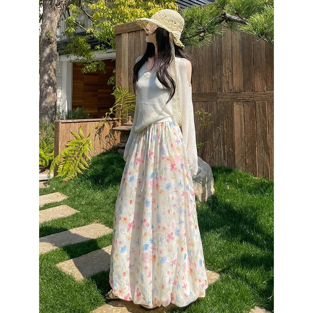 TFETTERS Women Chiffon Floral Long Skirt Summer Drawstring Ruched Bubble Hem Maxi Skirt Bohemian Vacation Streetwear Skirt