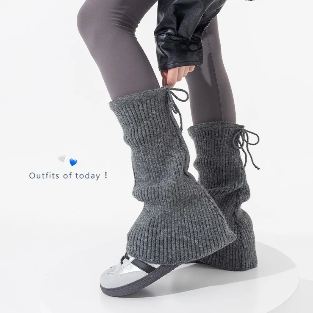 

New Solid Color Leg Warmers Thickened Knitted Bow Middle Tube Socks Harajuku Boot Covers Autumn and Winter
