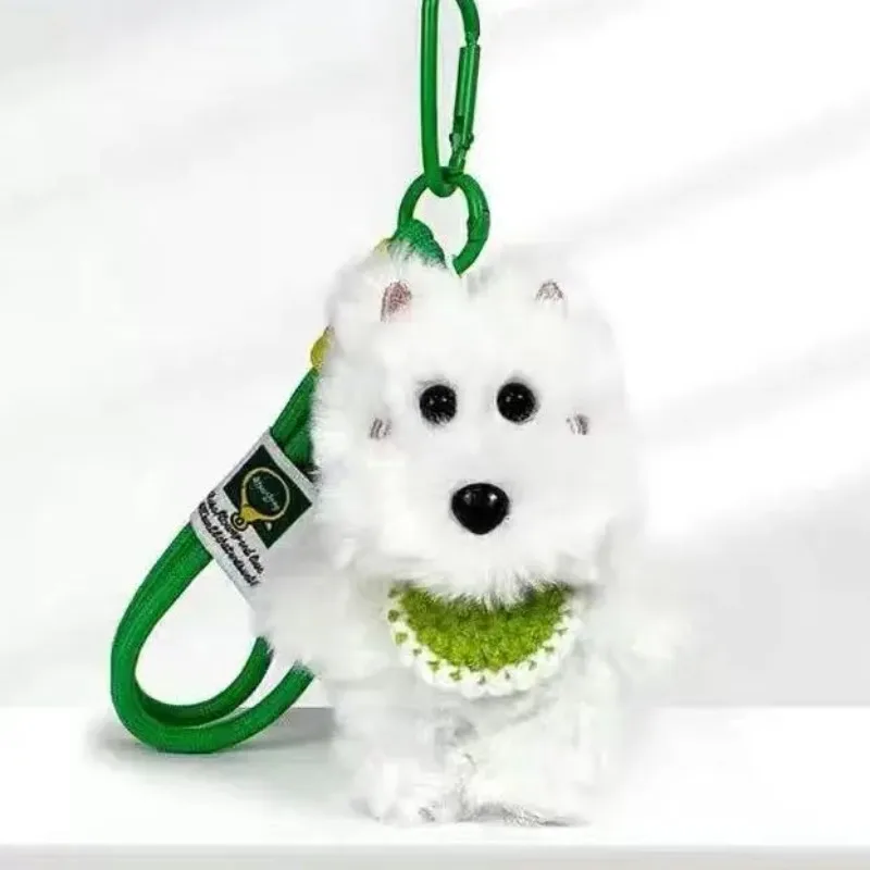 Adorable Plush West Highland White Terrier Dog Keychain with Handmade Crochet Mini Bib Westie Puppy Toy  Backpack Pendant
