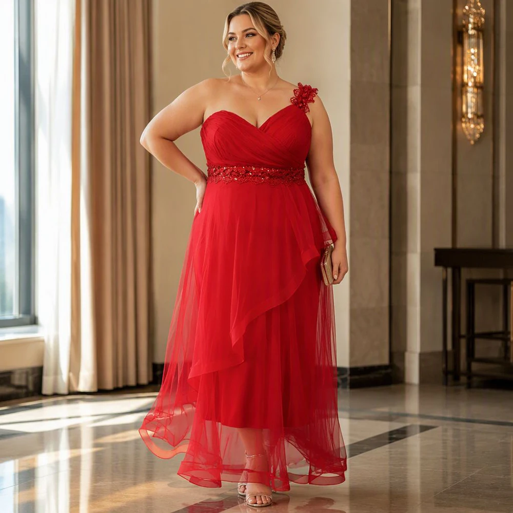 Plus Size One Shoulder Mermaid Evening Dress Elegant Luxurious Lace Trim Ruffled Layered Tulle Formal Party Wedding Guest Gowns