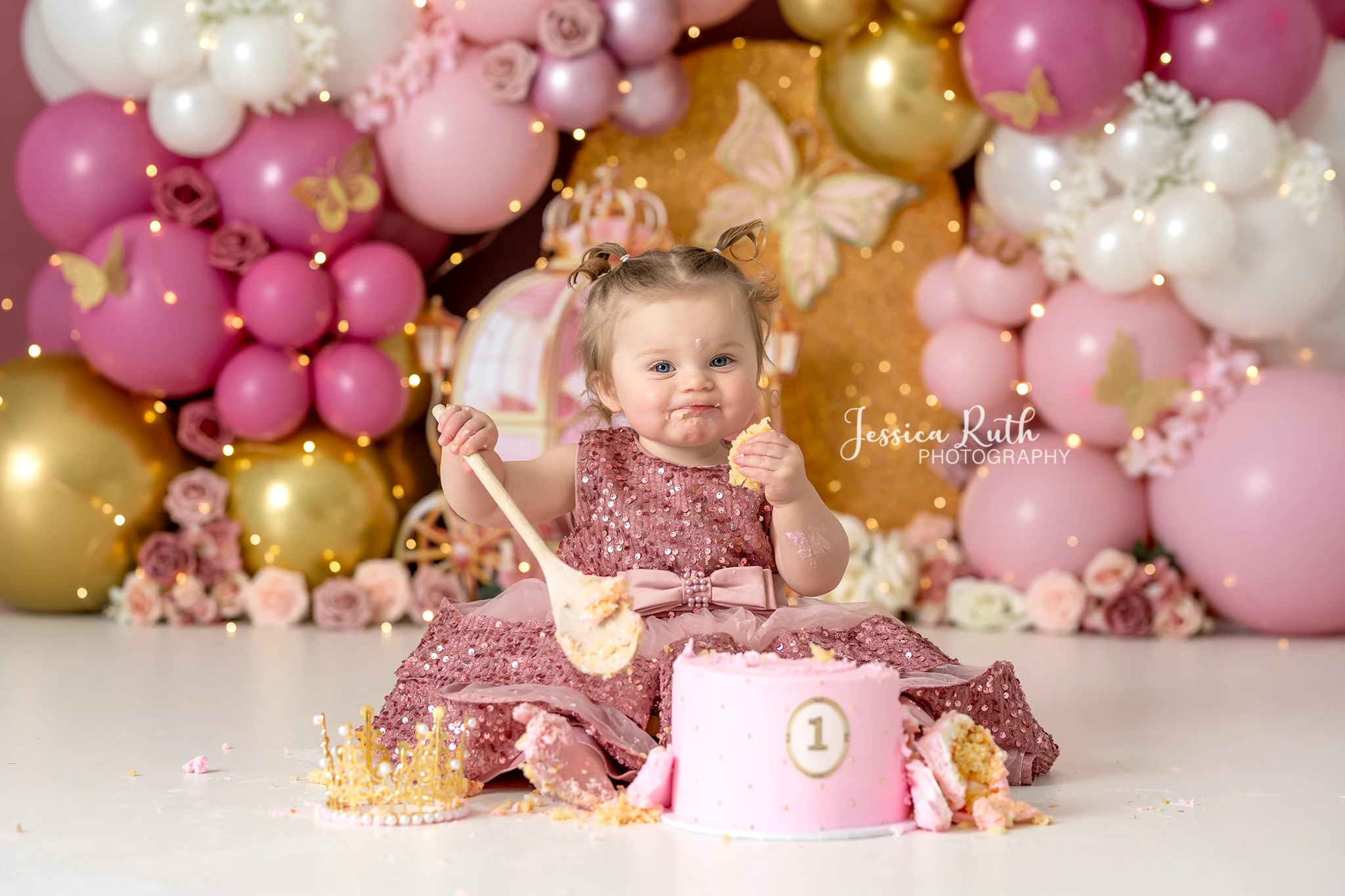 Pink Gold Princess Balloons Backdrops Kids Girl Birthday Cake Smash Photocall Props Child Baby Photo Backgrounds