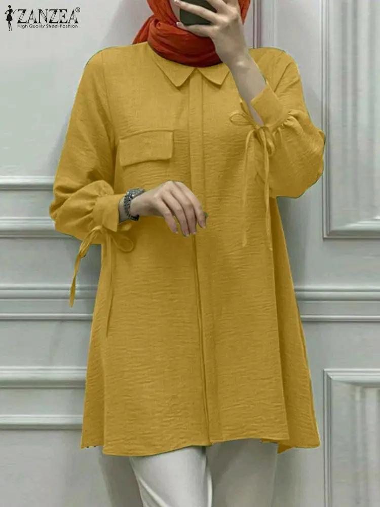 

Vintage Long Sleeve Lapel Neck Solid Shirt 2023 ZANZEA Women Autumn Fashion Muslim Abaya Blouse Tops Casual Eid Mubarek Blusas