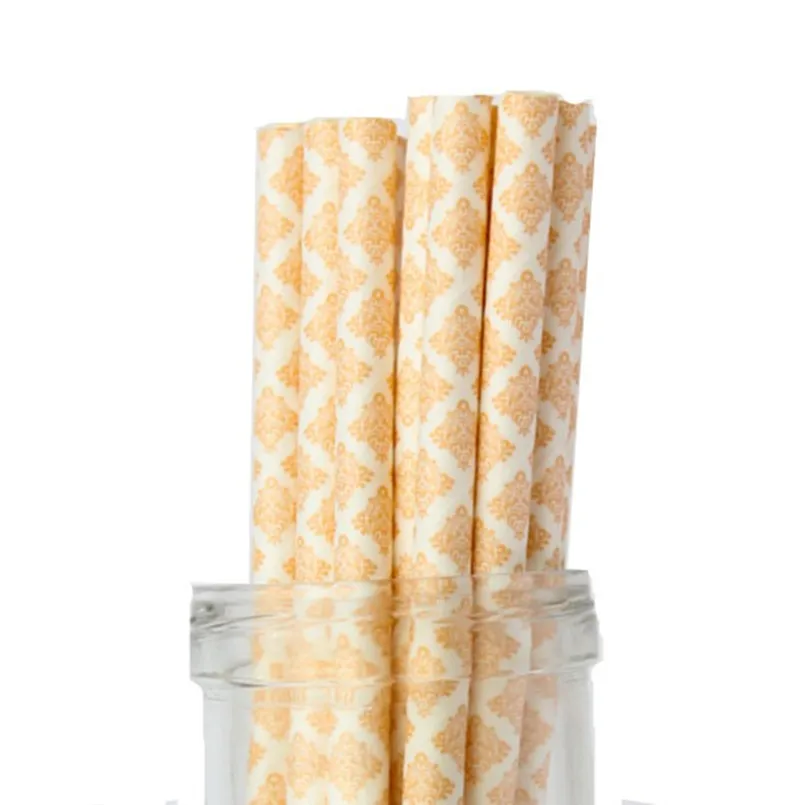 100 Pcs Disposable Party Peach Damask Paper Straws, Light Orange Vintage Drinking Retro Wedding Craft Mason Jar Cake Pop Sticks