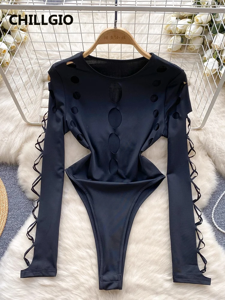 

CHILLGIO Women Hollow Rompers Long Sleeves O Neck One Piece Combination Catsuits Casual Party Streetwear Solid Bodycon Tights