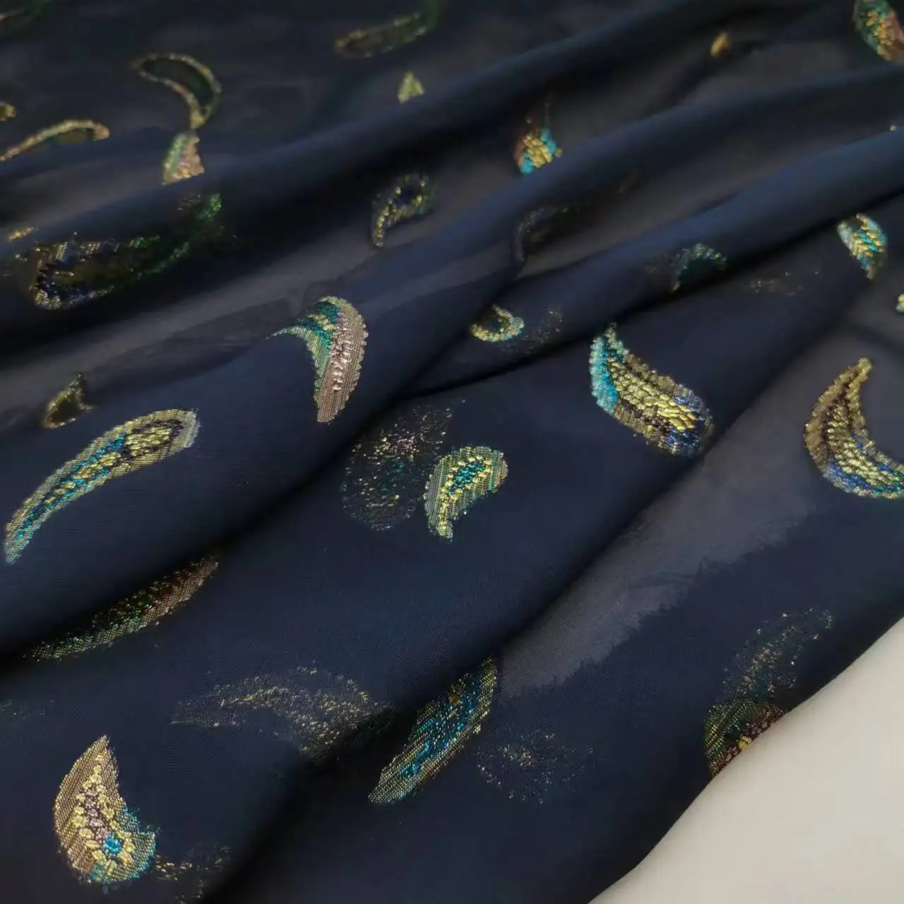 Navy Saree Fabric Shimmer Silk Metallic Shiny Hijab Scarf Craft DIY Sewing Material