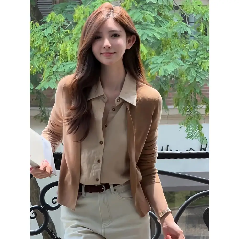 Khaki  Neck Long Sleeve Knitted Sweater Women's Early Autumn Unique Design Beautiful Single Wear Open Cardigan Top