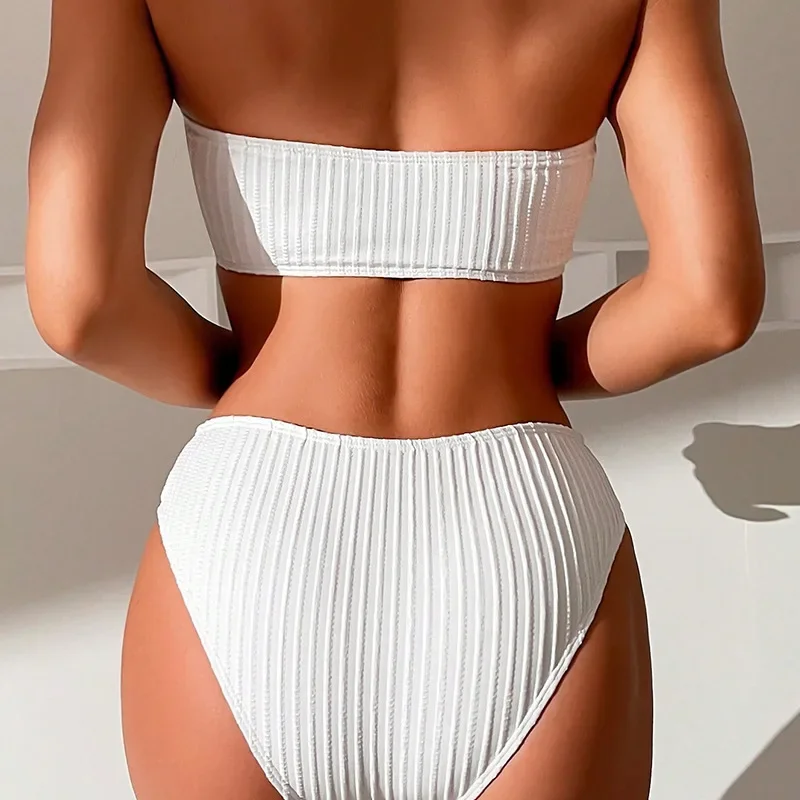 Sexy White High Waist Push Up Swimwear Bikini Set Women Ribbed Swimwear Metal Ring Swimsuit Biquinis Bikini 2024 Mujer