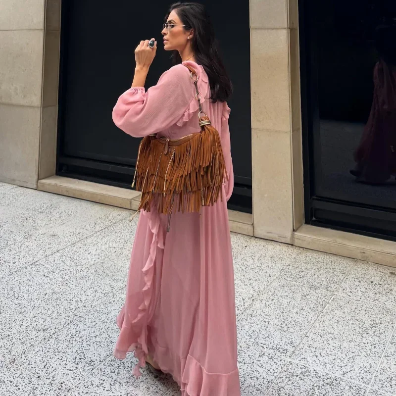 Eleganckie sukienki z pełnym rękawem z wieloma falbankami Szykowne luźne sukienki z dekoltem w szpic z koronki Nowa damska letnia suknia klubowa 2025