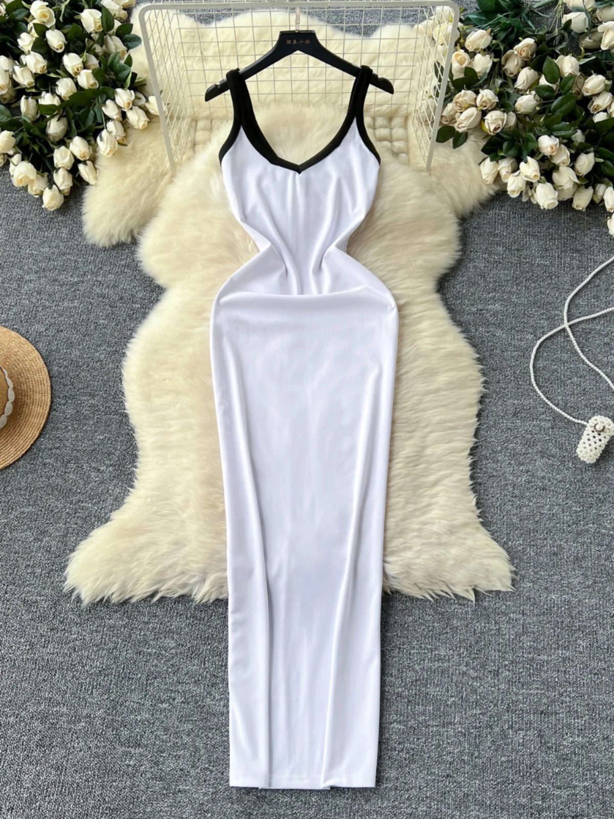 

Foamlina Summer Chic Color Match Spaghetti Strap Long Dress Women Sexy V Neck Sleeveless Slim Back Slit Bodycon Party Club Dress