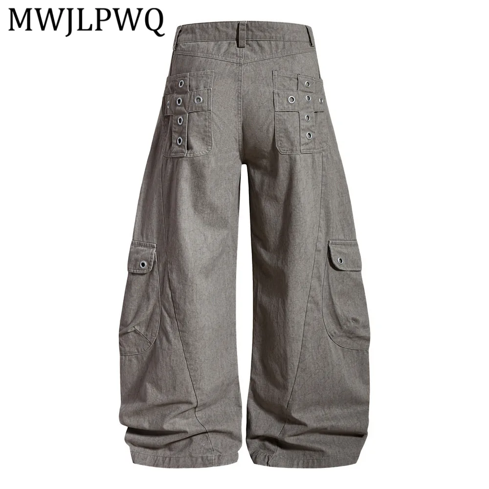 MWJLPWQ American High Street Workwear Wide-Leg Men's Loose Casual Trousers Trendy Design Autumn Multi-Pocket Machete Pants 16794